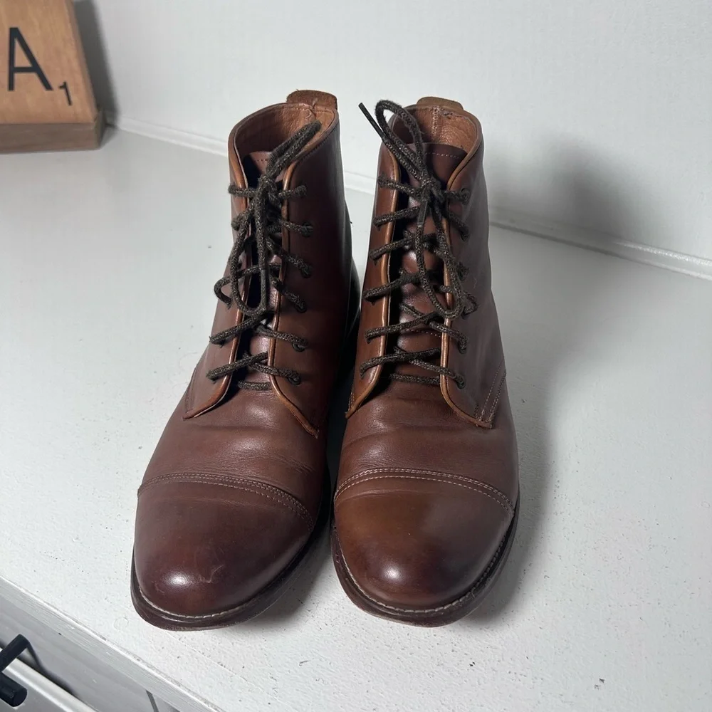 Penny Luck Mens 9 Brown Leather Cap Toe Boots Lace Up Ankle Dress Casual Classic